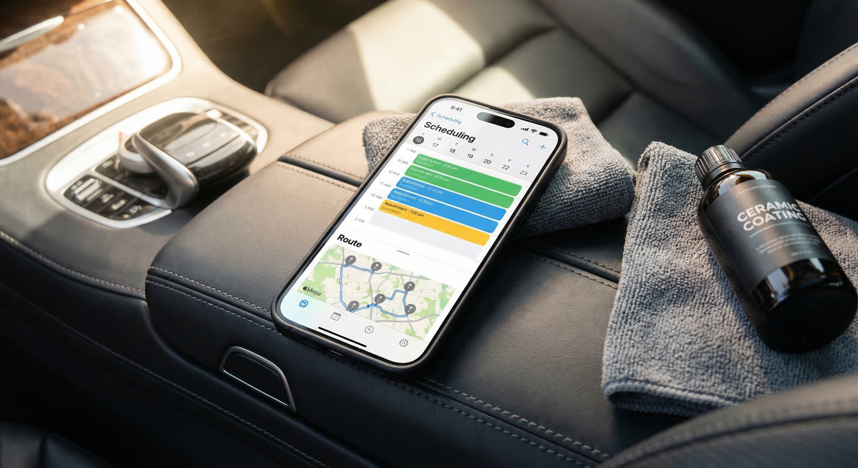 DetailFlow scheduling app showing calendar and route map on a phone in a luxury car