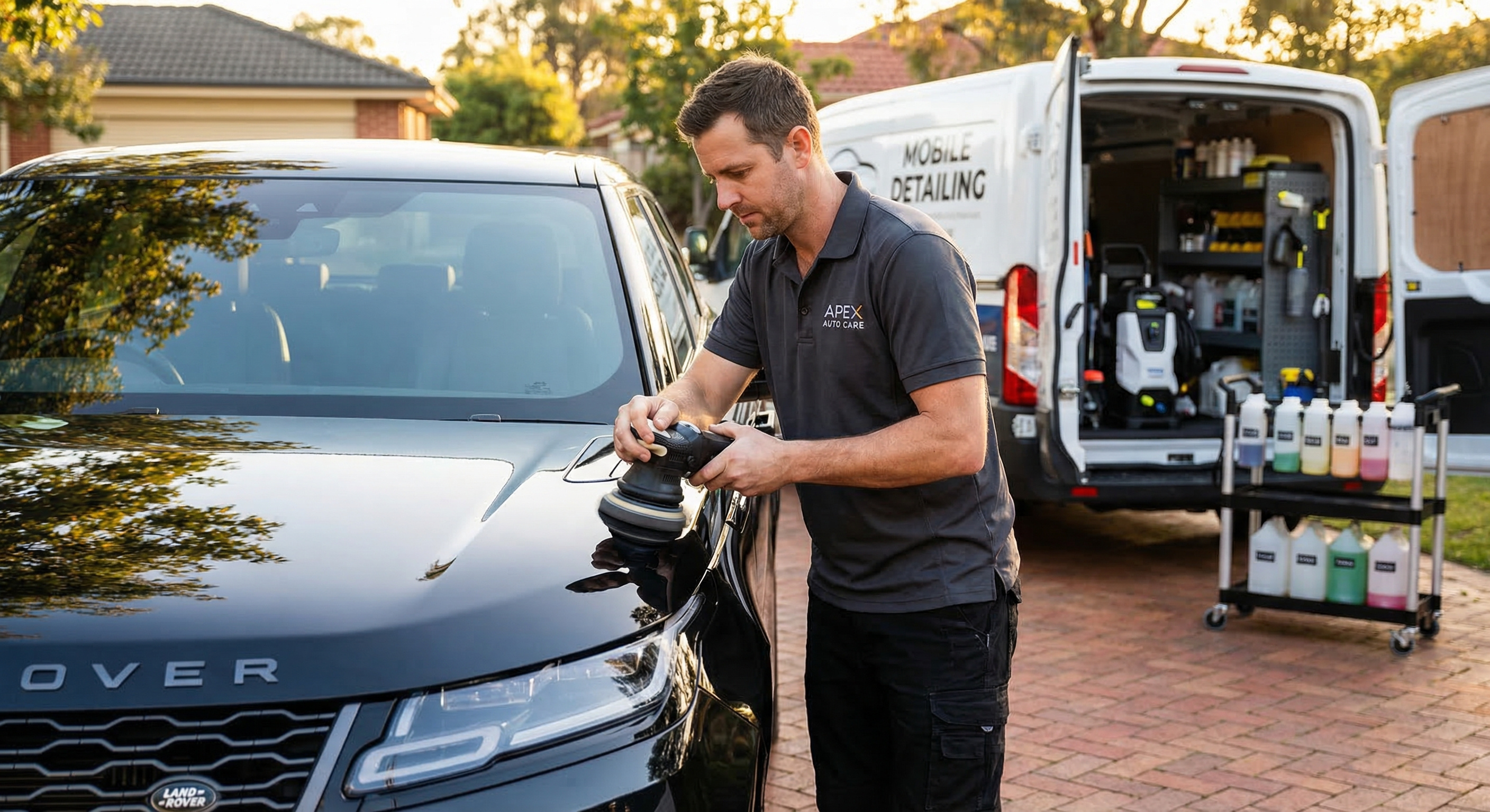 Professional mobile detailer polishing a luxury SUV in a suburban driveway