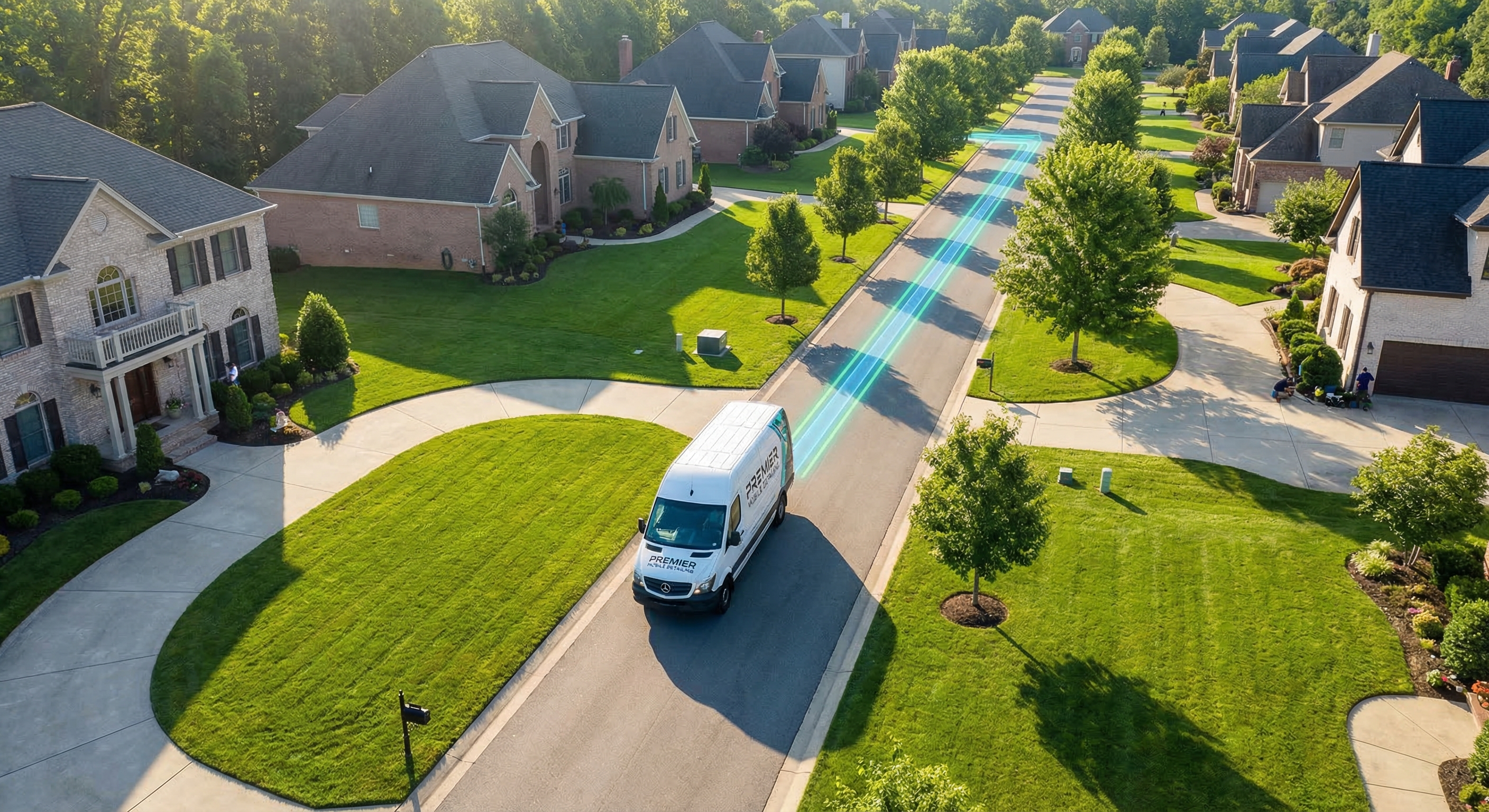 Aerial view of a mobile detailing van following an optimized route through a suburban neighborhood