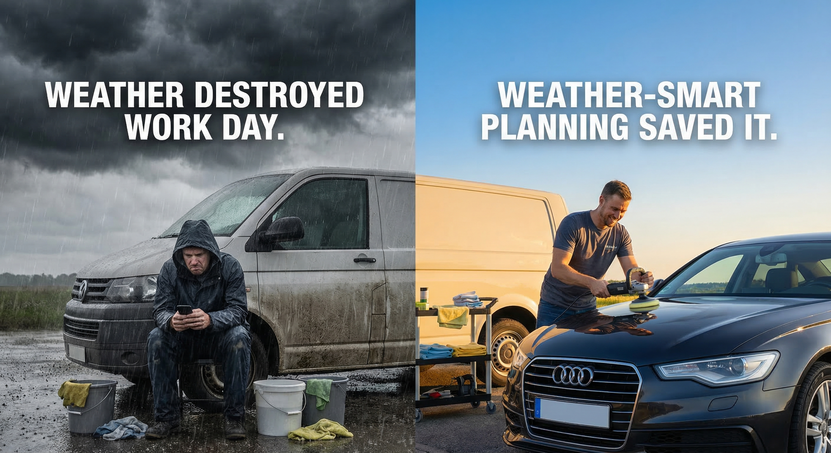 Split comparison showing weather destroying a work day versus weather-smart planning saving it